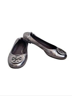 Tory Burch Reva Logo Patent Leather Silver Ballet Flat